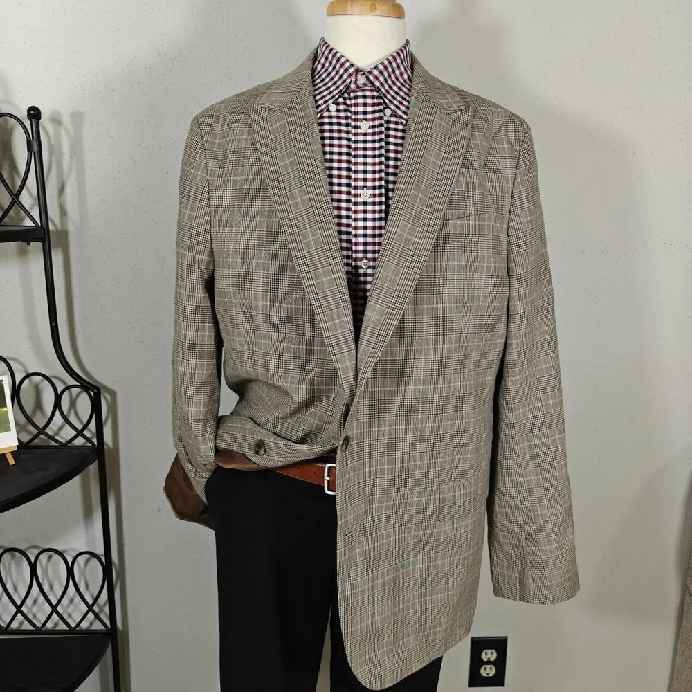 Stafford Men's Luxury Sport Coat Unstructured‎ Brown Plaid Wool Blend Peak 48L